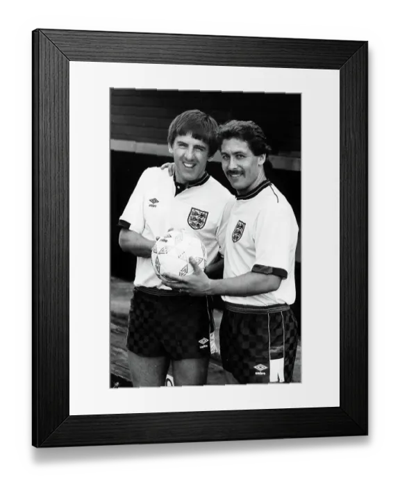 Framed Print : Peter Beardsley and Kenny Samson show off the new England football strip 1987 Framed Print : Peter Beardsley and Kenny Samson show off the new England football strip 1987