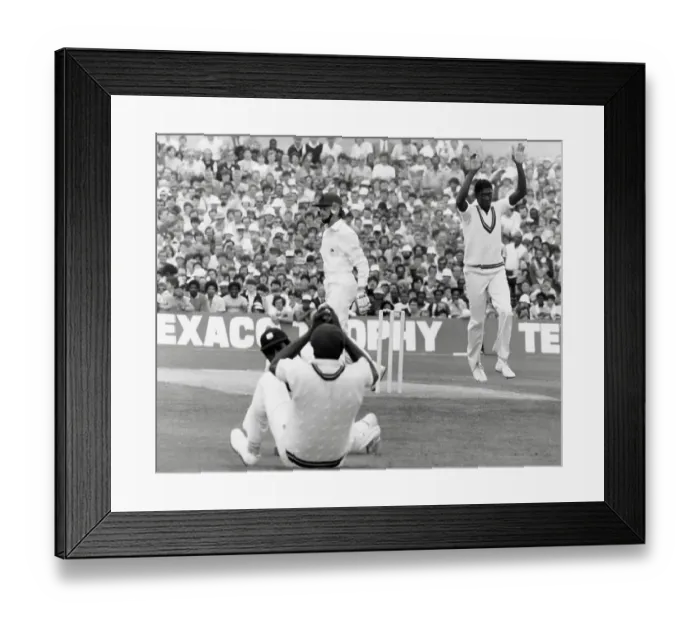 Framed Print : England v West Indies - Graeme Fowler is caught by Clive Lloyd after keeper Jeff Dujon missed Framed Print : England v West Indies - Graeme Fowler is caught by Clive Lloyd after keeper Jeff Dujon missed