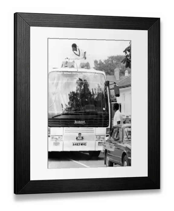 Framed Print : Gordon Greenidge on top of the Windies team bus trying to fix the aerial in 1984 Framed Print : Gordon Greenidge on top of the Windies team bus trying to fix the aerial in 1984