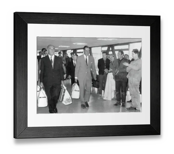 Framed Print : Colin Cowdrey is greeted by workers at Heathrow returning home from the Windies in 1968 Framed Print : Colin Cowdrey is greeted by workers at Heathrow returning home from the Windies in 1968