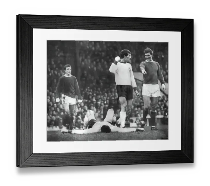 Framed Print : Manchester United's David Herd, as Willie Stevenson demonstrates how Liverpool captain Ron Yeats has been felled by George Best 1966 Framed Print : Manchester United's David Herd, as Willie Stevenson demonstrates how Liverpool captain Ron Yeats has been felled by George Best 1966