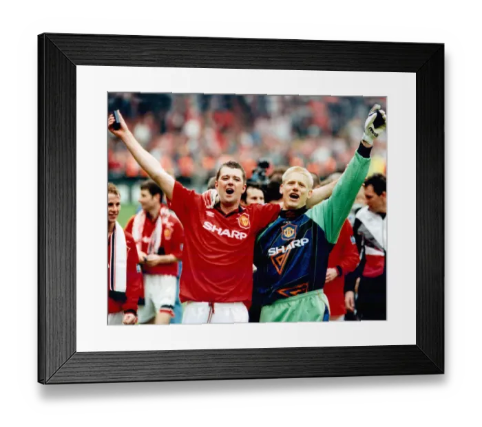 Framed Print : FA Cup Final 1996 - Liverpool 0 v Manchester United 1 Gary Pallister and Peter Schmeichel celebrating after match Framed Print : FA Cup Final 1996 - Liverpool 0 v Manchester United 1 Gary Pallister and Peter Schmeichel celebrating after match