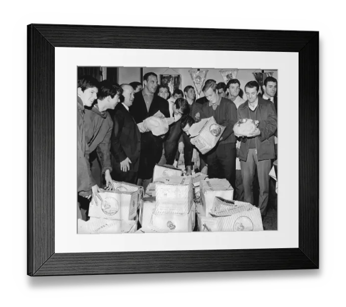 Framed Print : Cardiff City FC players receiving their Christmas turkeys 1964