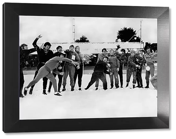 Yeovil Town players bombard the goalkeeper with snowballs 1970