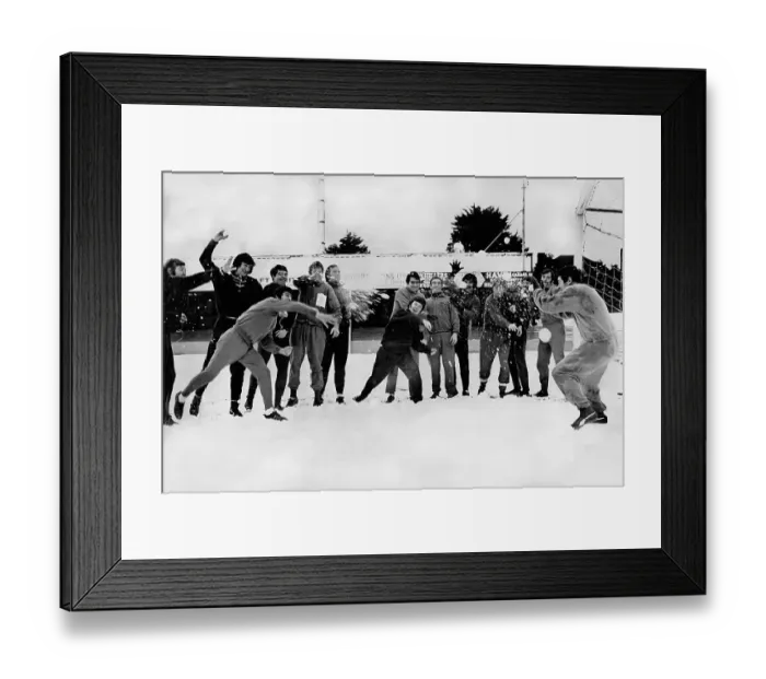 Framed Print : Yeovil Town players bombard the goalkeeper with snowballs 1970