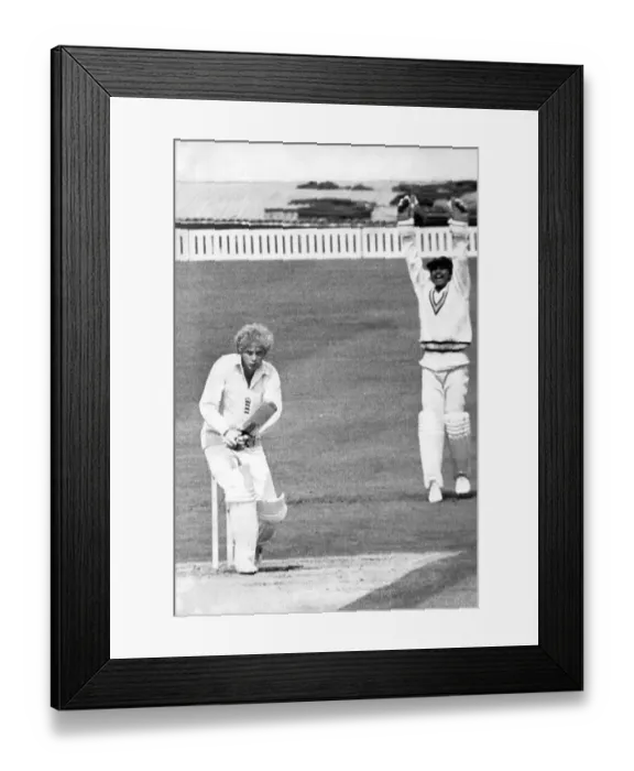 Framed Print : David Gower falls lbw to the delight of Indian wicketkeeper Bharath Reddy Framed Print : David Gower falls lbw to the delight of Indian wicketkeeper Bharath Reddy