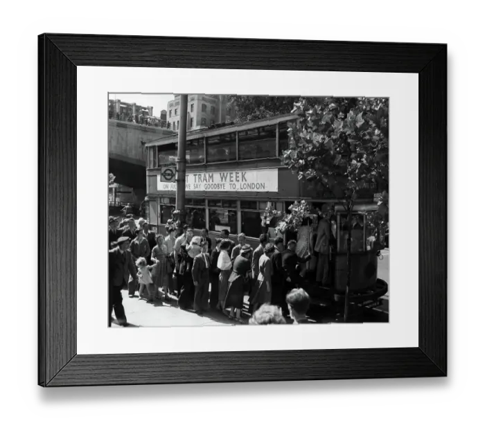 Framed Print : The last day of London's trams. People arriving on the Victoria Embankment for a last ride on the tram Framed Print : The last day of London's trams. People arriving on the Victoria Embankment for a last ride on the tram