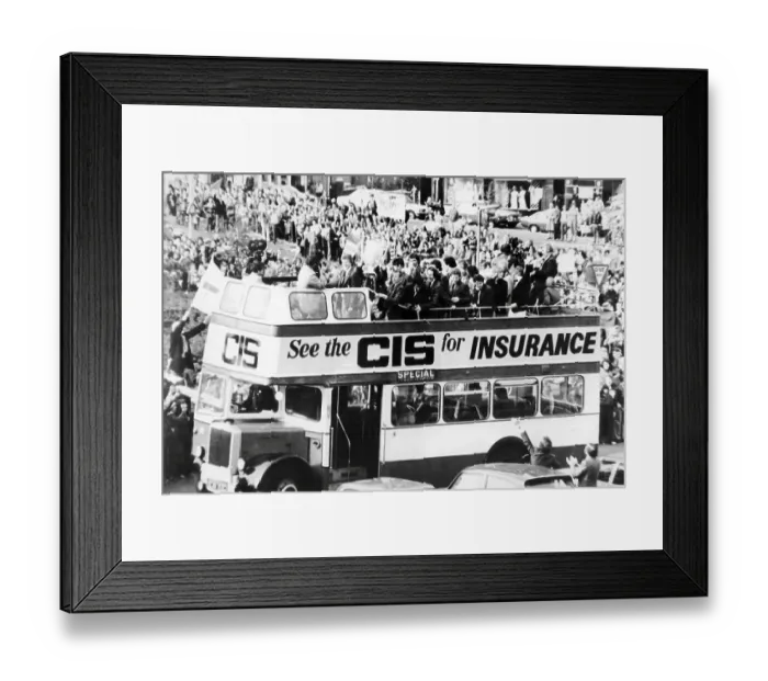 Framed Print : Nottingham Forest football team parade the European Cup through the city on top of a double-decker bus Framed Print : Nottingham Forest football team parade the European Cup through the city on top of a double-decker bus