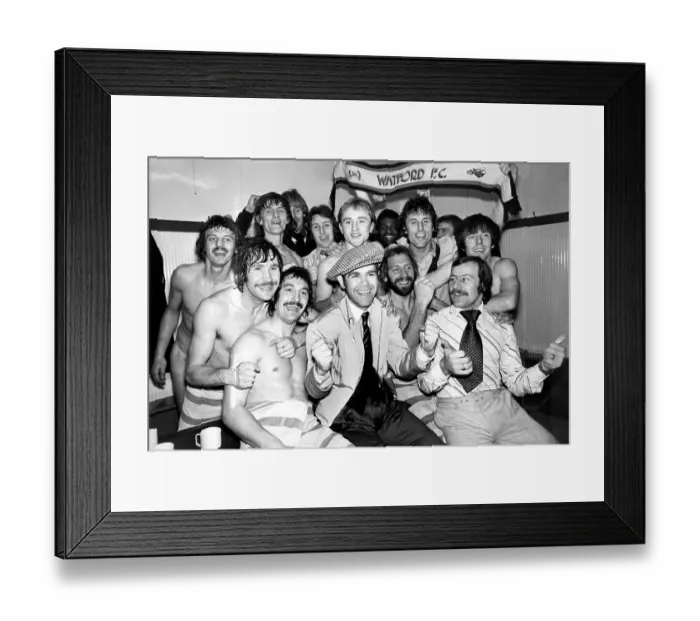 Framed Print : Watford FC Footballers with the Chairman Elton John after being promoted to Division 3