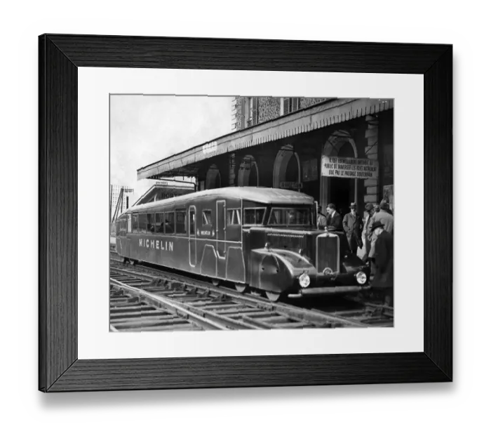 Framed Print : Micheline Motor Car on rails designed to run between provincial towns, here being used by Monsieur Paganon, French Transport Minister, St. Cyr station, 1933 Framed Print : Micheline Motor Car on rails designed to run between provincial towns, here being used by Monsieur Paganon, French Transport Minister, St. Cyr station, 1933