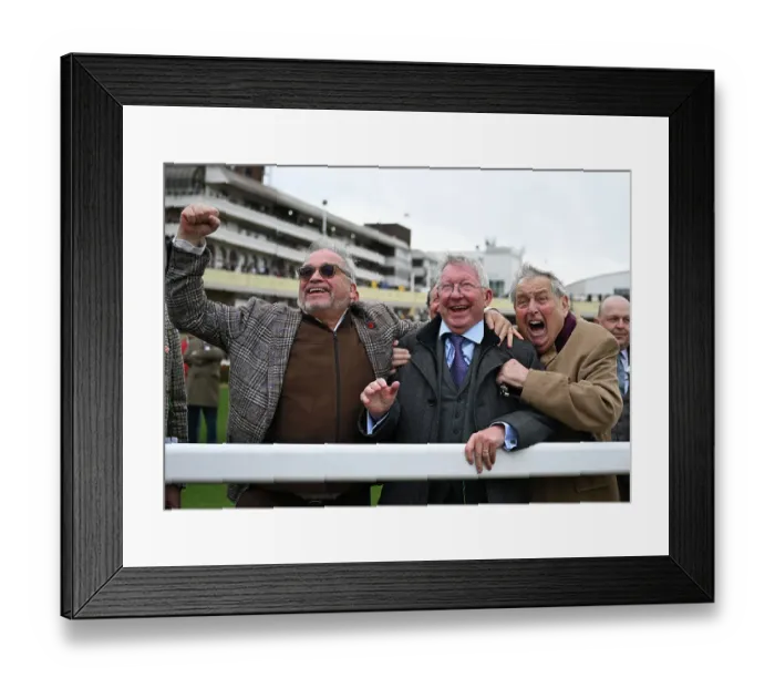 Framed Print : Alex Ferguson celebrating winning his second race on the Thursday. Cheltenham Festival week Framed Print : Alex Ferguson celebrating winning his second race on the Thursday. Cheltenham Festival week