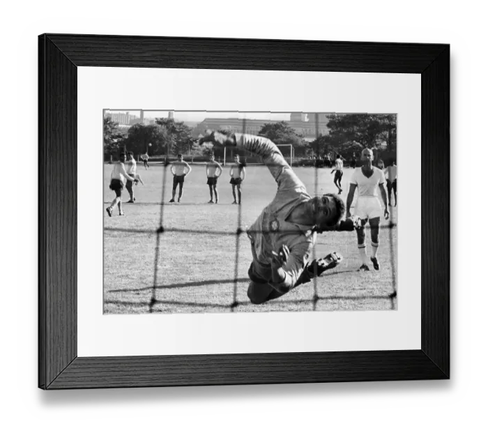Framed Print : Brazil training pre World Cup 1966 Pele shoots goalkeeper Manga misses