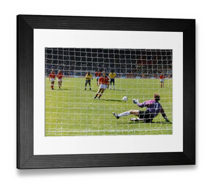 Framed Print : Footballer Gary Lineker misses a penalty during an international football match between England and Brazil. The goalkeeper is Carlos