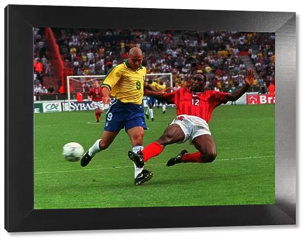 Sol Campbell tackles Ronaldo England v Brazil 1997