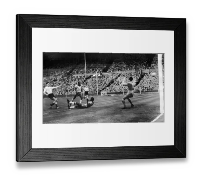 Framed Print : England v Brazil 1956 First goal Tommy Taylor gives goalkeeper Gilmar no chance Framed Print : England v Brazil 1956 First goal Tommy Taylor gives goalkeeper Gilmar no chance