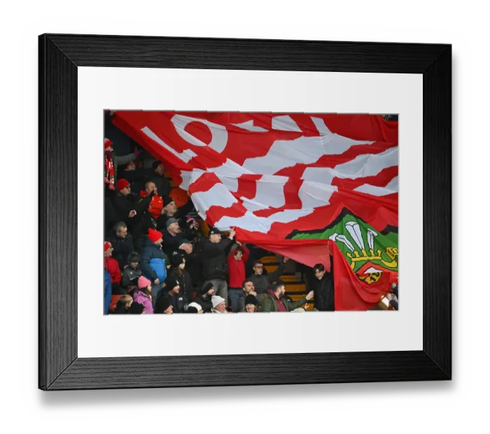 Framed Print : Welcome to Wrexham AFC - fans with the flag Framed Print : Welcome to Wrexham AFC - fans with the flag