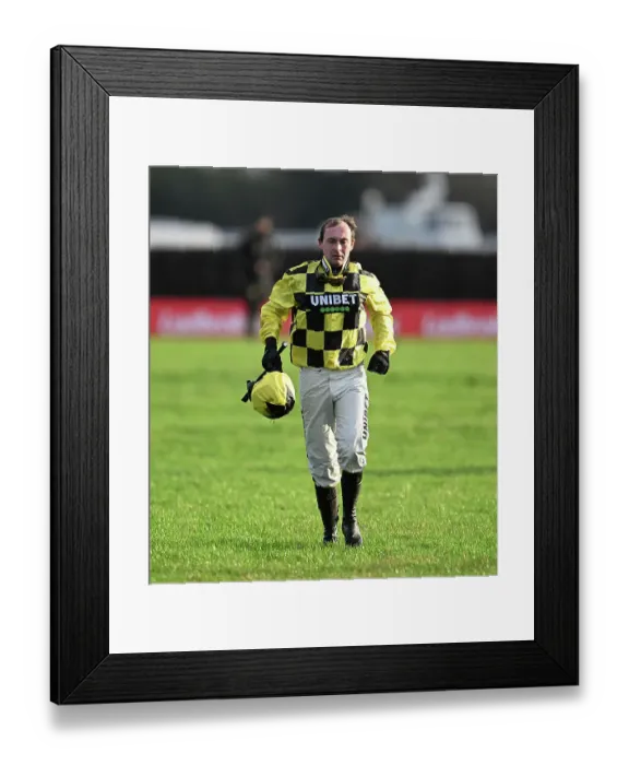 Framed Print : The King George V1 Chase Kempton Park Jockey Nico de Joinville running back after falling off Siskin Dec 2024 Framed Print : The King George V1 Chase Kempton Park Jockey Nico de Joinville running back after falling off Siskin Dec 2024