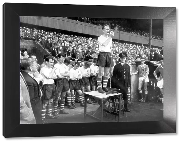 Preston North End and England footballer Tom Finney makes a speech to the crowd after playing his last game for Preston