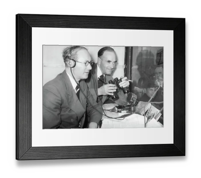 Framed Print : BBC cricket commentators, Rex Alston (L) and Charles Fortune, commentating on the Lancashire v South Africa match at Old Trafford Framed Print : BBC cricket commentators, Rex Alston (L) and Charles Fortune, commentating on the Lancashire v South Africa match at Old Trafford