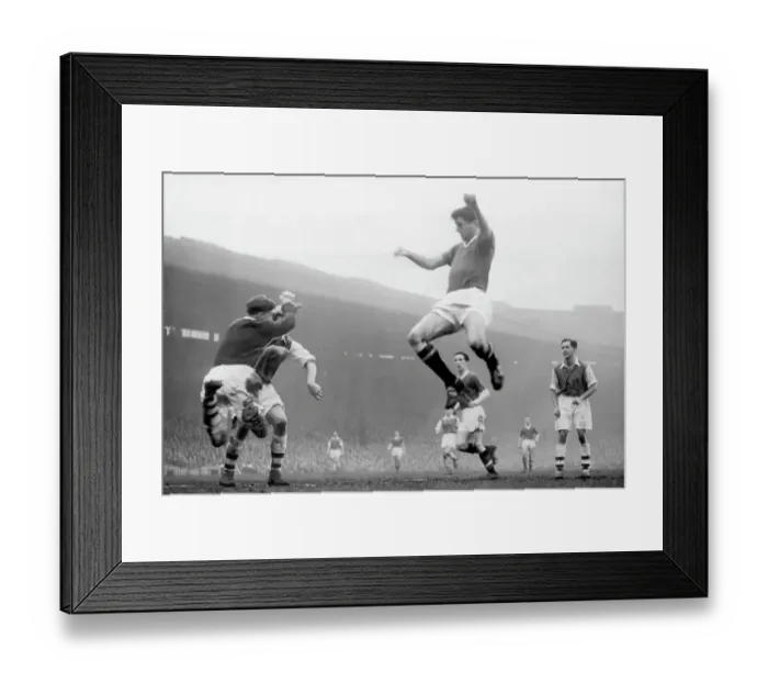 Framed Print : Tommy Taylor ( in mid-air) scoring the fifth goal for Manchester United 1957 Framed Print : Tommy Taylor ( in mid-air) scoring the fifth goal for Manchester United 1957