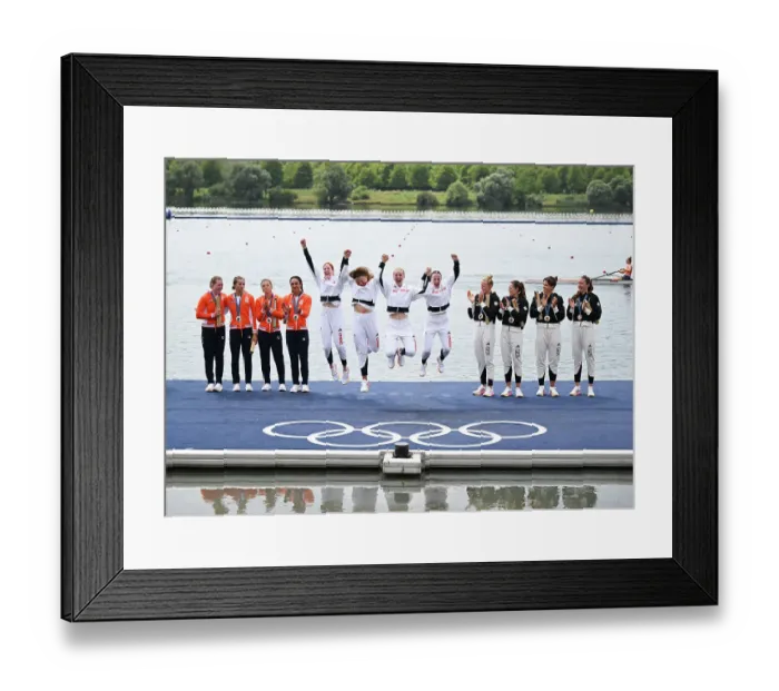 Framed Print : Great Britain's women's quadruple sculls celebrate on the podium as they win gold. Paris 2024 Olympics Framed Print : Great Britain's women's quadruple sculls celebrate on the podium as they win gold. Paris 2024 Olympics