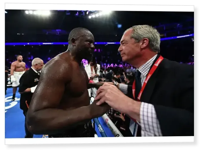 Print : SoulofSport. Derek Chisora fight week behind the scenes 2024.Fight day at the 02, Derek celebrates with Nigel Farage Print : SoulofSport. Derek Chisora fight week behind the scenes 2024.Fight day at the 02, Derek celebrates with Nigel Farage