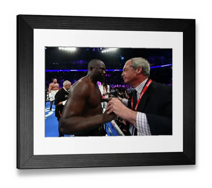 Framed Print : SoulofSport. Derek Chisora fight week behind the scenes 2024.Fight day at the 02, Derek celebrates with Nigel Farage Framed Print : SoulofSport. Derek Chisora fight week behind the scenes 2024.Fight day at the 02, Derek celebrates with Nigel Farage
