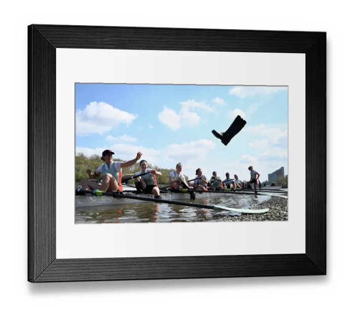 Framed Print : Oxford women's team throwing their boots before pushing off for the race Framed Print : Oxford women's team throwing their boots before pushing off for the race