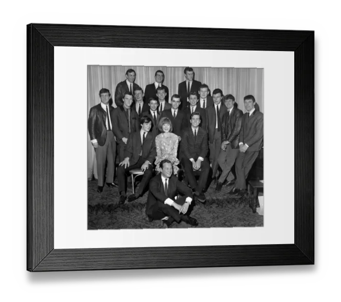 Framed Print : Record producer and manager Brian Epstein (front) with Singer Cilla Black alongside Tommy Quickly (left) and Billy J Kramer (right) Framed Print : Record producer and manager Brian Epstein (front) with Singer Cilla Black alongside Tommy Quickly (left) and Billy J Kramer (right)