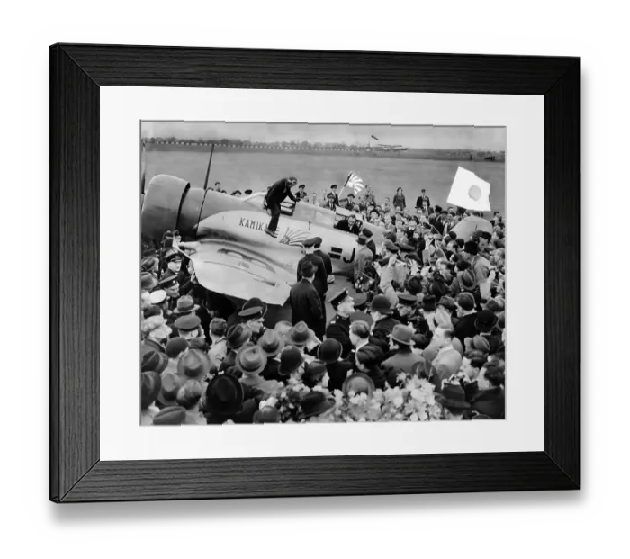 Framed Print : The arrival of the Japanese airmen Masaaki Iinuma (Pilot) and Kenji Tsukagoshi (wireless operator) in their monoplane Divine Wind 1937 Framed Print : The arrival of the Japanese airmen Masaaki Iinuma (Pilot) and Kenji Tsukagoshi (wireless operator) in their monoplane Divine Wind 1937