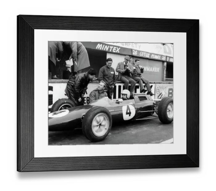 Framed Print : Racing driver Trevor Taylor in the Lotus Climax. Centre standing is Jim Clark 1963 Framed Print : Racing driver Trevor Taylor in the Lotus Climax. Centre standing is Jim Clark 1963