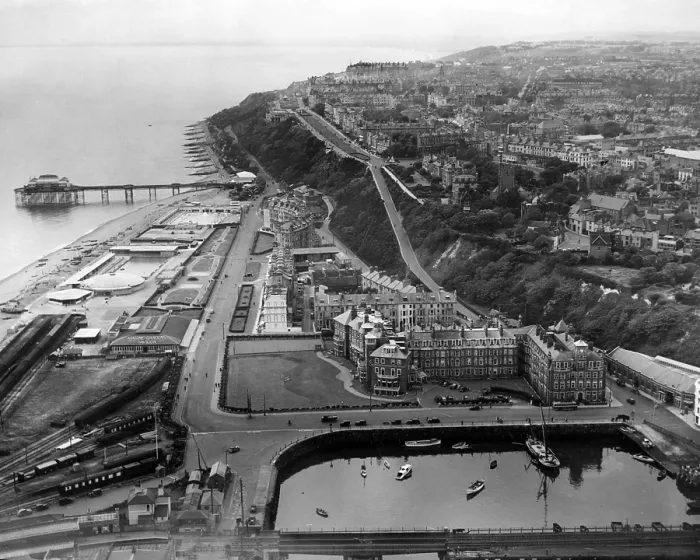 Framed Print : Aerial View of Folkestone seafront showing the Pavilion Hotel 1938 Framed Print : Aerial View of Folkestone seafront showing the Pavilion Hotel 1938