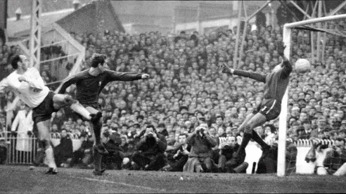 Framed Print : Alan Gilzean heads in Spurs first in a 2-0 victory at the Lane in 1967 Framed Print : Alan Gilzean heads in Spurs first in a 2-0 victory at the Lane in 1967