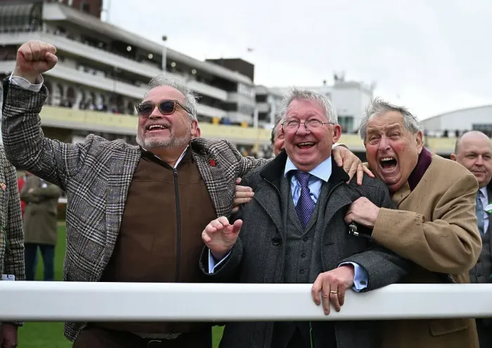 Framed Print : Alex Ferguson celebrating winning his second race on the Thursday. Cheltenham Festival week Framed Print : Alex Ferguson celebrating winning his second race on the Thursday. Cheltenham Festival week