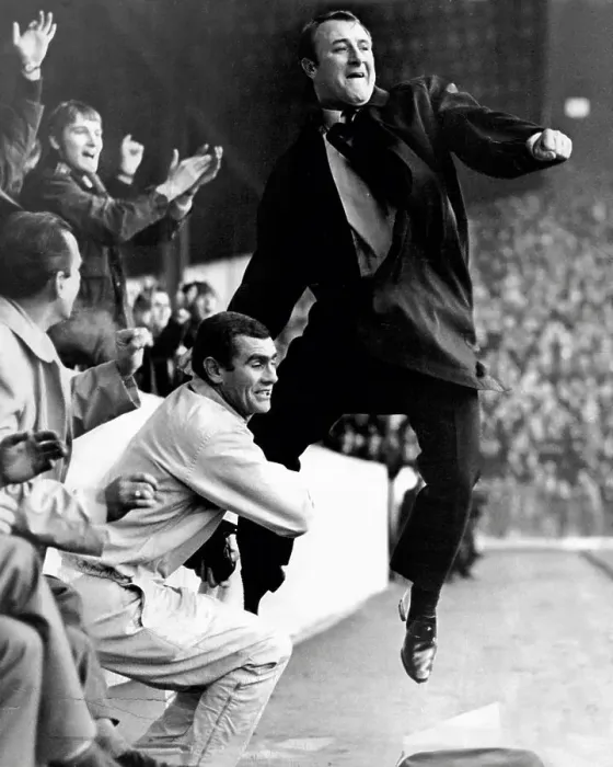 Framed Print : Aston Villa FC manager, Tommy Docherty celebrating a goal in 1968 Framed Print : Aston Villa FC manager, Tommy Docherty celebrating a goal in 1968
