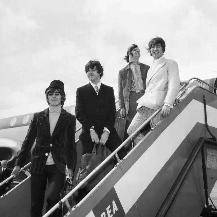 Framed Print : The Beatles at London Airport to fly out to Germany for a brief