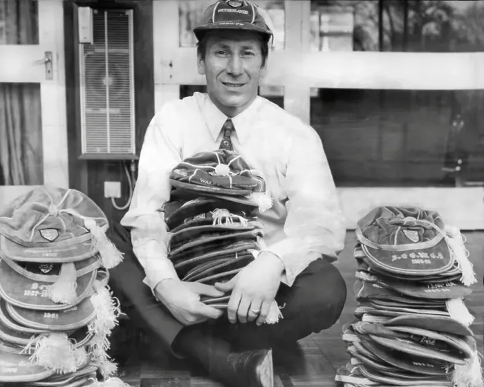 Framed Print : Bobby Charlton, former England and Manchester United Footballer, with his collection of England caps Framed Print : Bobby Charlton, former England and Manchester United Footballer, with his collection of England caps
