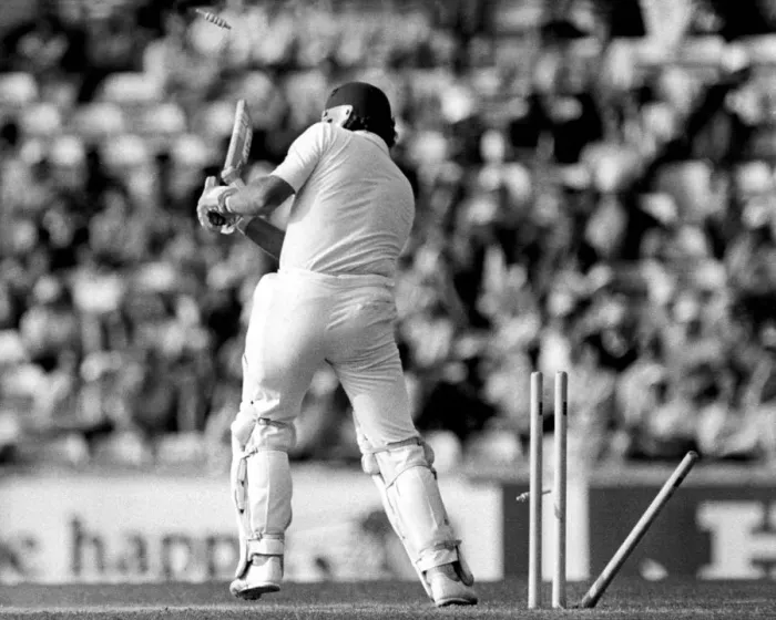 Framed Print : Bowled! England v West Indies test match at the Oval - Wayne Larkins in action Framed Print : Bowled! England v West Indies test match at the Oval - Wayne Larkins in action