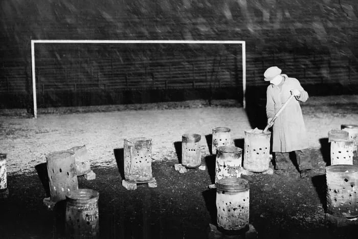Framed Print : Braziers burning on the pitch at Burnden Park home of Bolton Wanderers 1938 Framed Print : Braziers burning on the pitch at Burnden Park home of Bolton Wanderers 1938