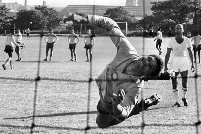 Framed Print : Brazil training pre World Cup 1966 Pele shoots goalkeeper Manga misses