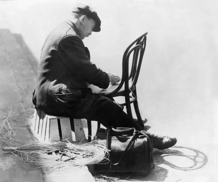 Framed Print : A chair mender in Kensington 1935 Framed Print : A chair mender in Kensington 1935