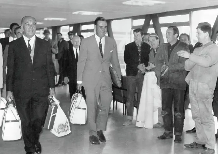 Framed Print : Colin Cowdrey is greeted by workers at Heathrow returning home from the Windies in 1968 Framed Print : Colin Cowdrey is greeted by workers at Heathrow returning home from the Windies in 1968