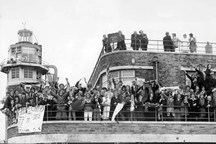 Framed Print : Crowds greet the Liverpool team from rooftops at Liverpool Airport, after winning Football League Cup and UEFA Cup, 1976 Framed Print : Crowds greet the Liverpool team from rooftops at Liverpool Airport, after winning Football League Cup and UEFA Cup, 1976