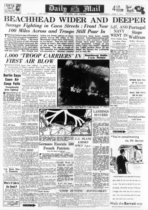 Framed Print : D-Day Front Page of Daily Mail 7 June 1944 Framed Print : D-Day Front Page of Daily Mail 7 June 1944