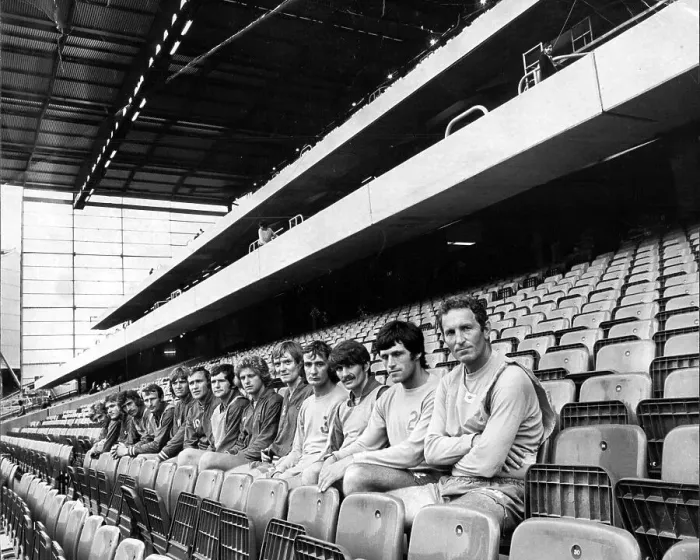 Framed Print : Dave Sexton and his Chelsea players in the new stand at Stamford Bridge 1974 Framed Print : Dave Sexton and his Chelsea players in the new stand at Stamford Bridge 1974