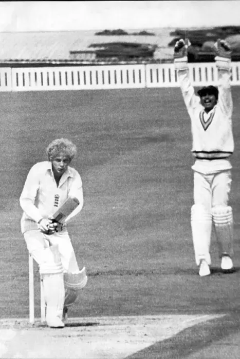 Framed Print : David Gower falls lbw to the delight of Indian wicketkeeper Bharath Reddy Framed Print : David Gower falls lbw to the delight of Indian wicketkeeper Bharath Reddy