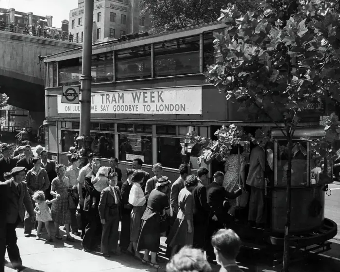 Framed Print : The last day of London's trams. People arriving on the Victoria Embankment for a last ride on the tram Framed Print : The last day of London's trams. People arriving on the Victoria Embankment for a last ride on the tram