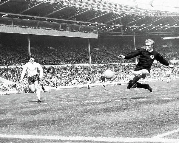 Denis Law in action for Scotland against England in 1967