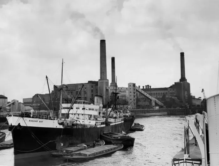 Framed Print : Deptford Power Station seen from the river with cargo steamer B Framed Print : Deptford Power Station seen from the river with cargo steamer B