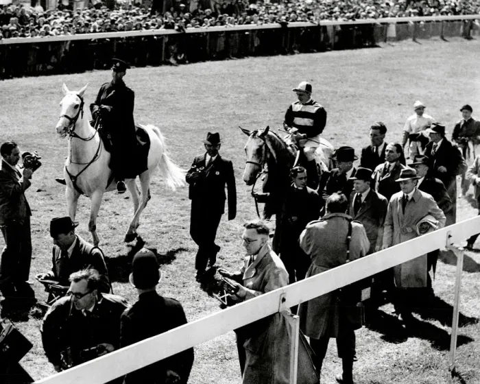 Framed Print : The Derby 1946. The winner Airborne being led in Framed Print : The Derby 1946. The winner Airborne being led in